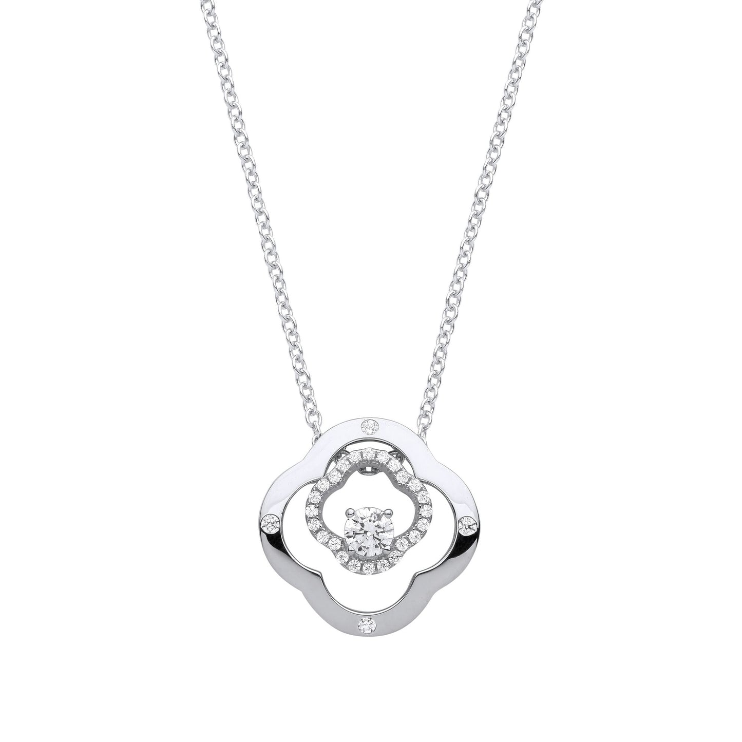 Silver  CZ Double 4 Leaf CloverSolitaire Lavalier Necklace 18 + 2" - GVK368