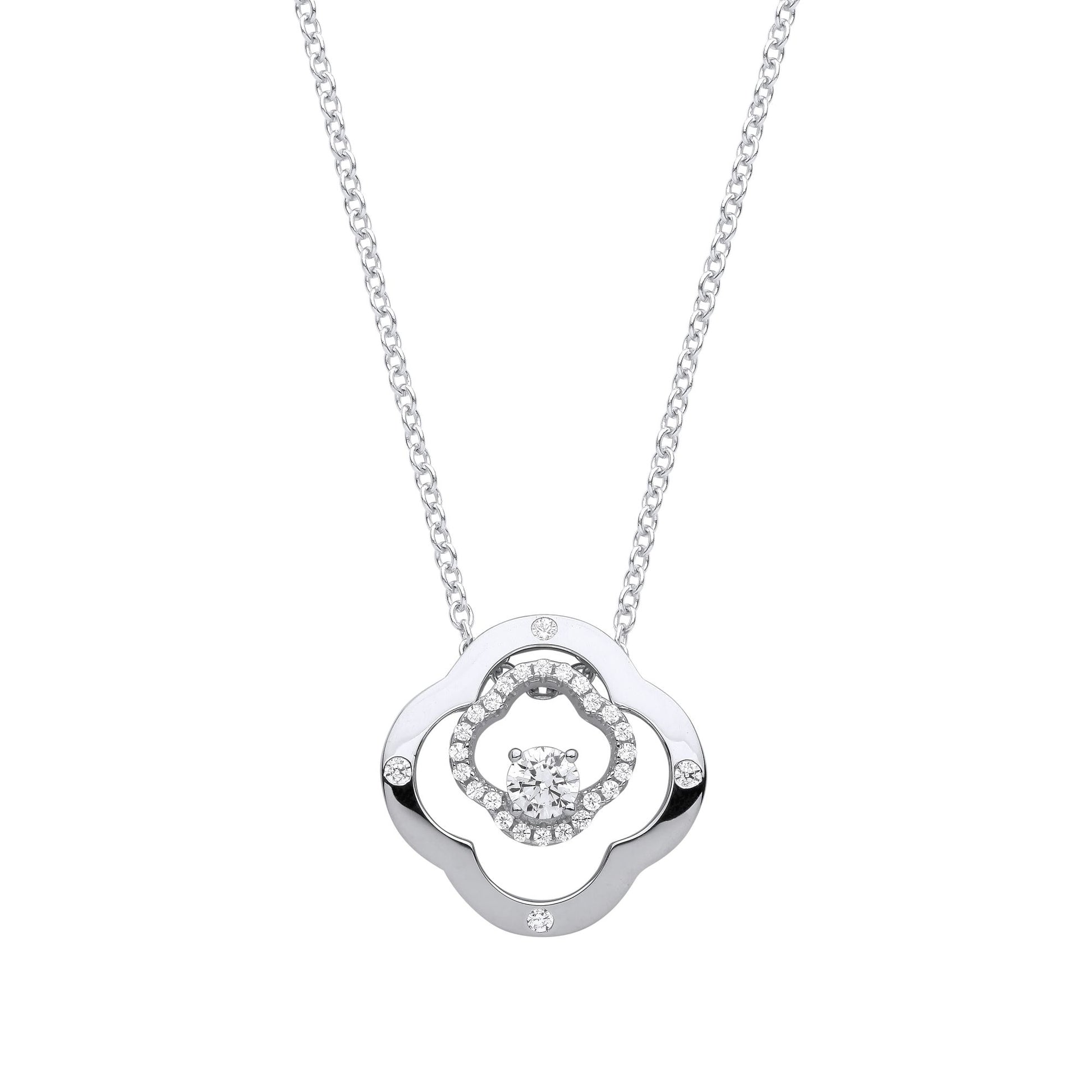 Silver  CZ Double 4 Leaf CloverSolitaire Lavalier Necklace 18 + 2" - GVK368