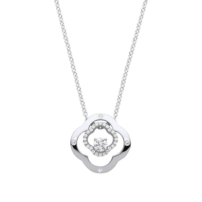 Silver  CZ Double 4 Leaf CloverSolitaire Lavalier Necklace 18 + 2" - GVK368