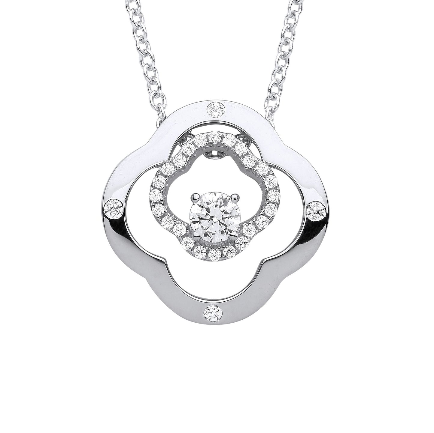 Silver  CZ Double 4 Leaf CloverSolitaire Lavalier Necklace 18 + 2" - GVK368