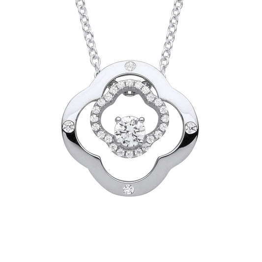 Silver  CZ Double 4 Leaf CloverSolitaire Lavalier Necklace 18 + 2" - GVK368