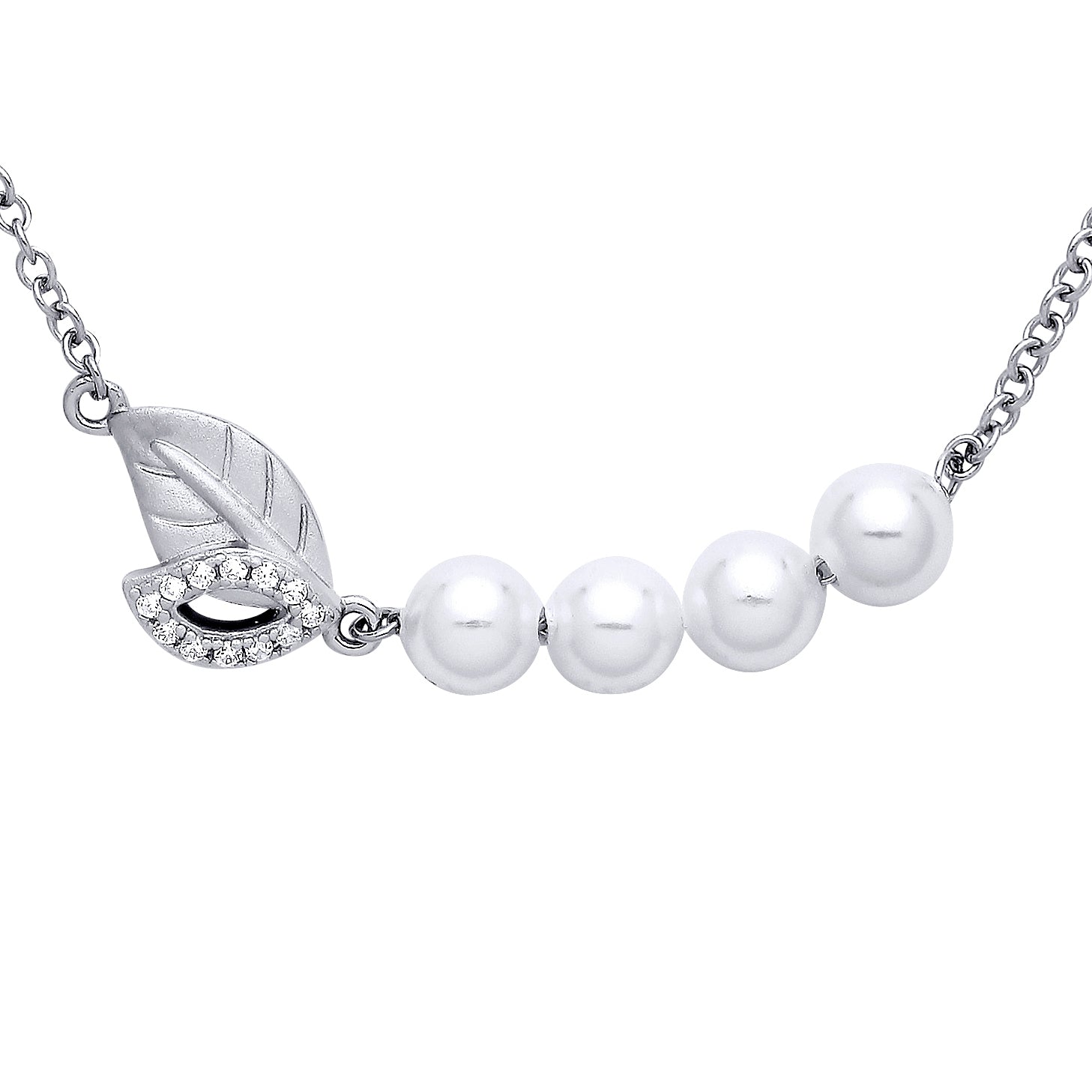 Silver  Cream Pearl CZ Leaf Hammock Lazy Peas Necklace 17.5" - GVK369