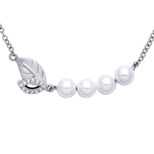Silver Cream Pearl CZ Leaf Hammock Lazy Peas Necklace 17.5" - GVK369