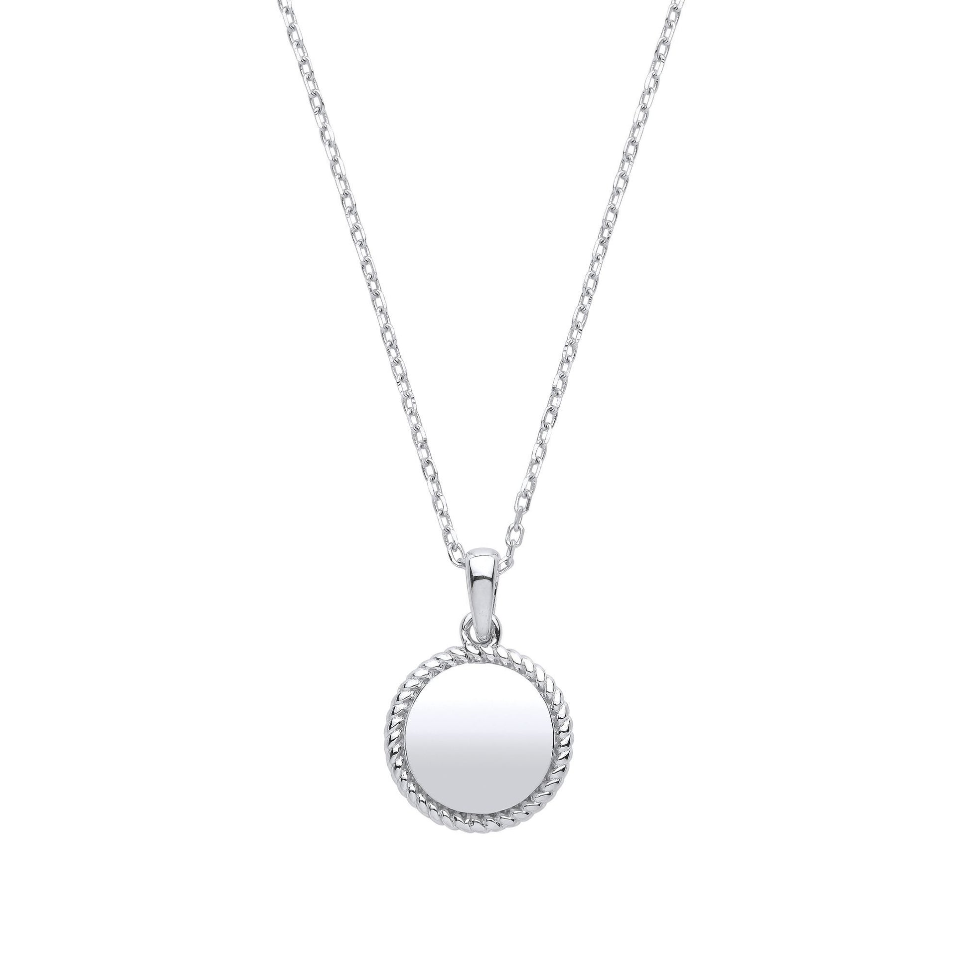 Silver  Round Disc Twisted Rope Frame Mirror Pendant Necklace 20" - GVK370