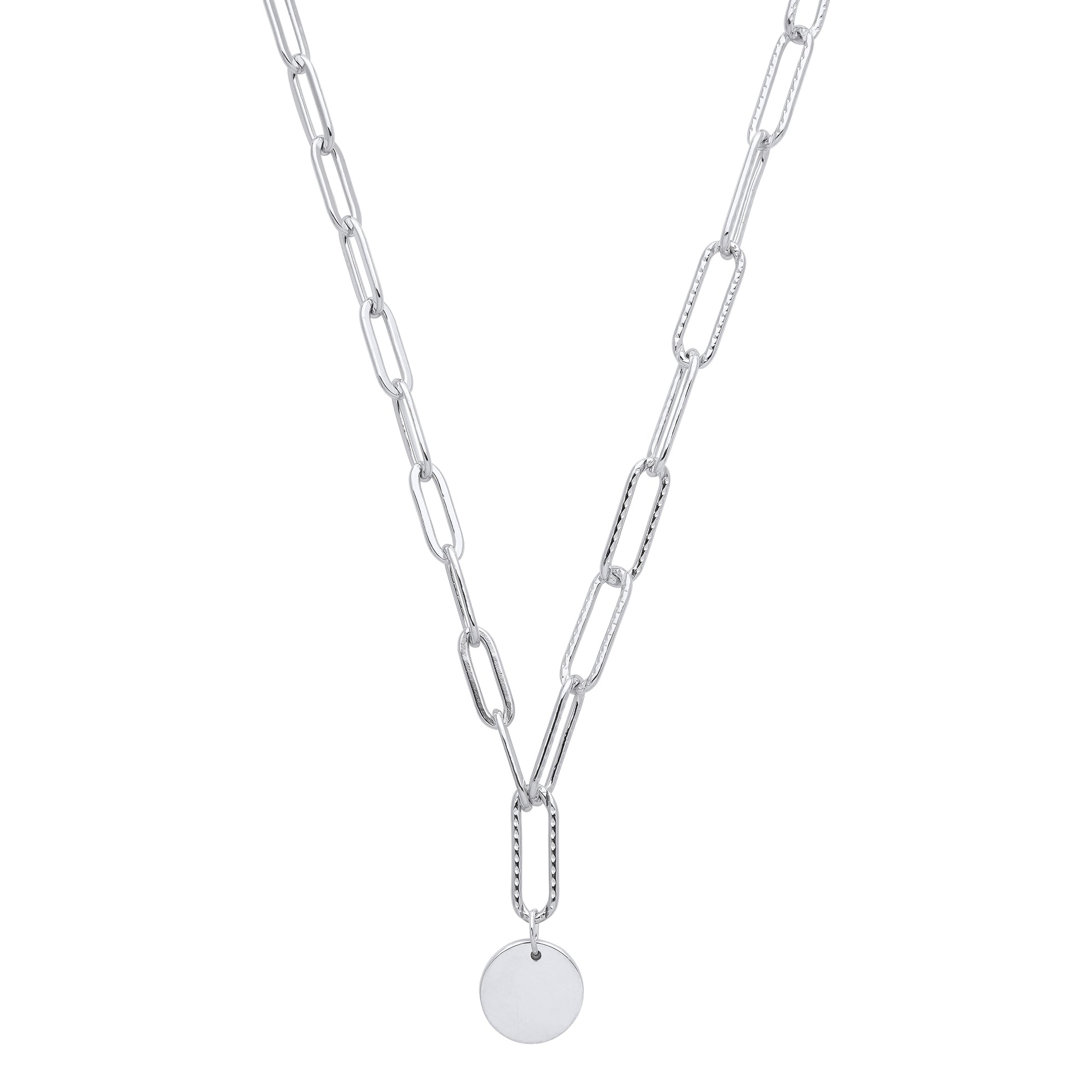 Silver  Hammered Paperclip Round Disc Lavalier Necklace - GVK372