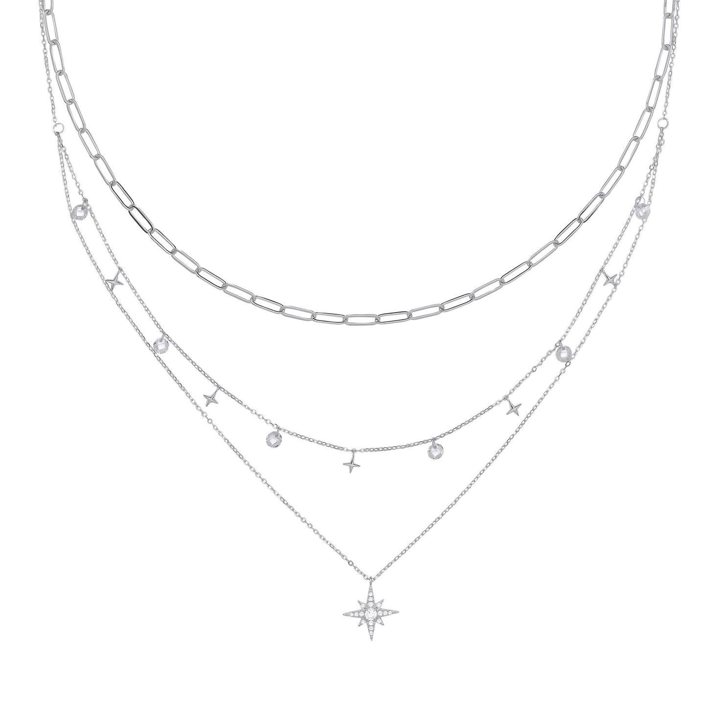 Silver  CZ Floating Star Charms Paperclip Necklace 19" - GVK373