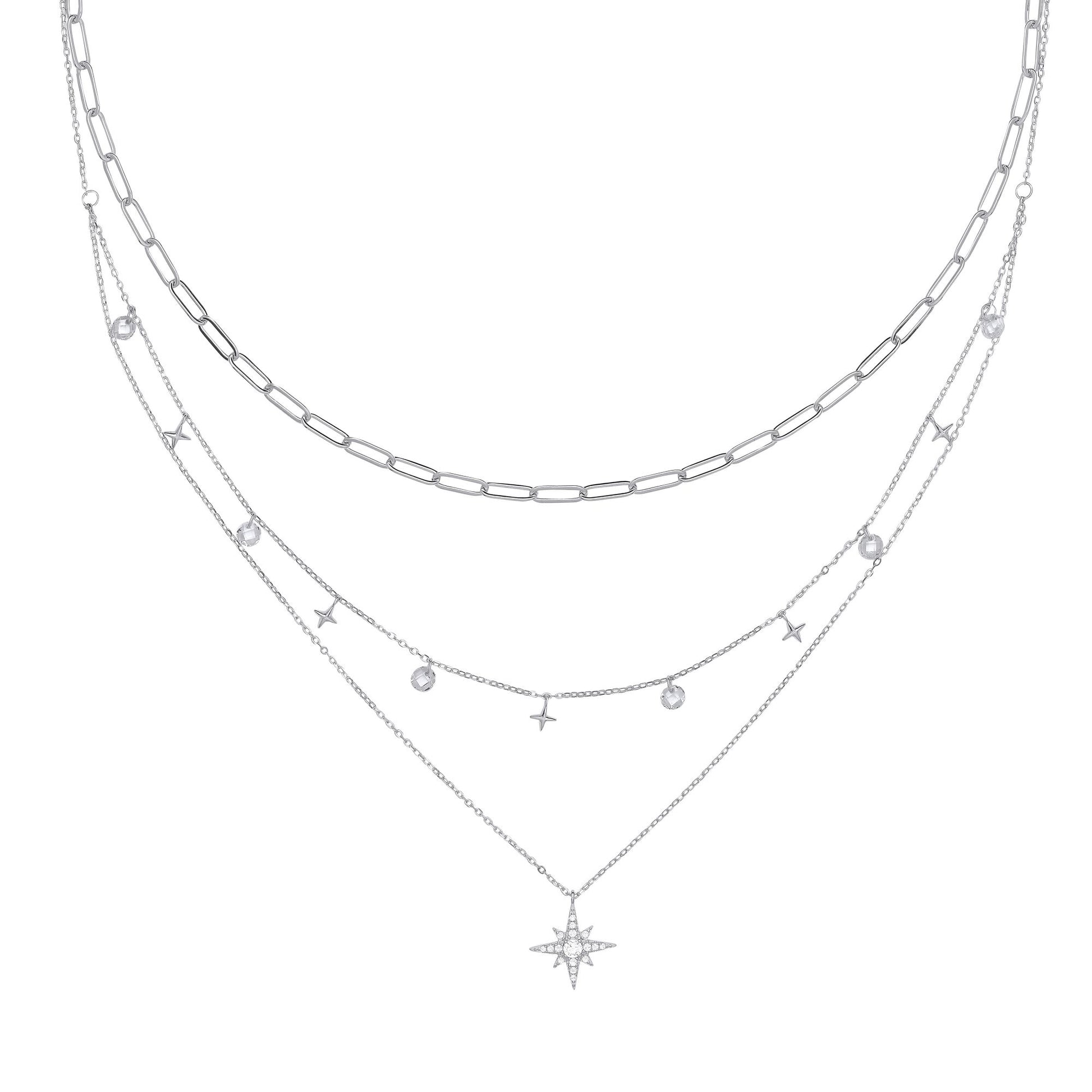 Silver  CZ Floating Star Charms Paperclip Necklace 19" - GVK373