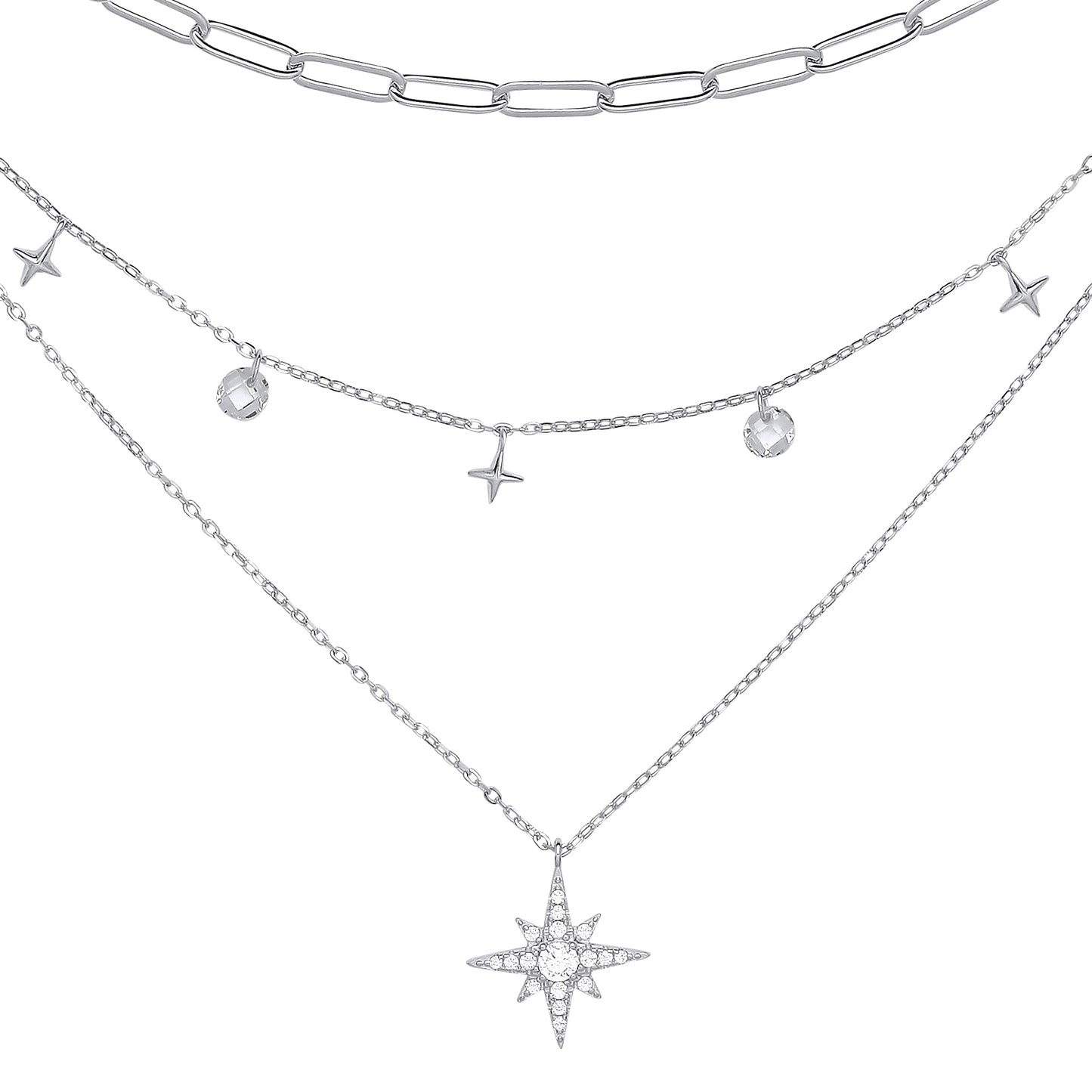 Silver  Floating Star Charms Paperclip Multi-strand Necklace - GVK373