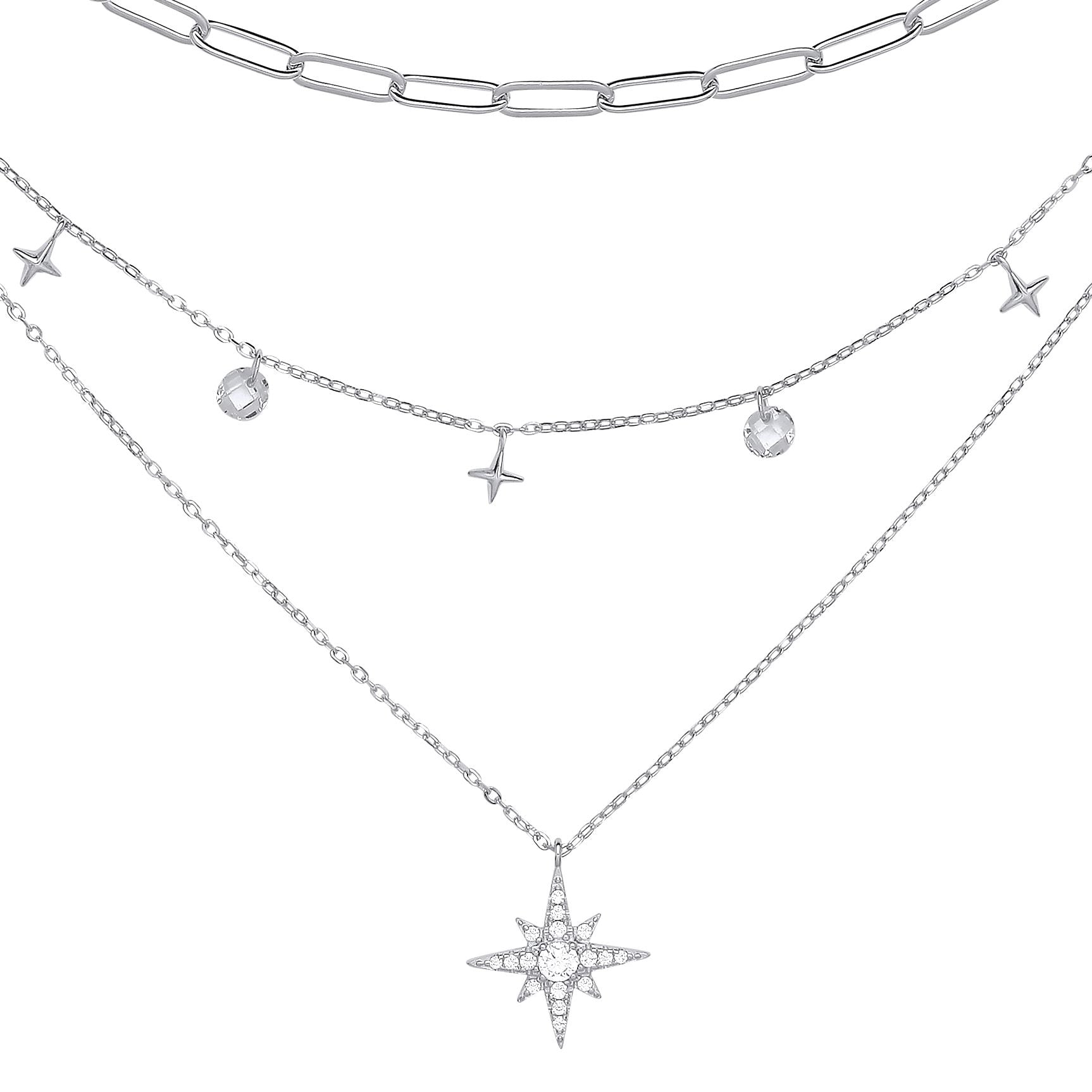 Silver  CZ Floating Star Charms Paperclip Necklace 19" - GVK373