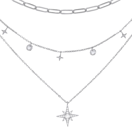 Silver  Floating Star Charms Paperclip Multi-strand Necklace - GVK373