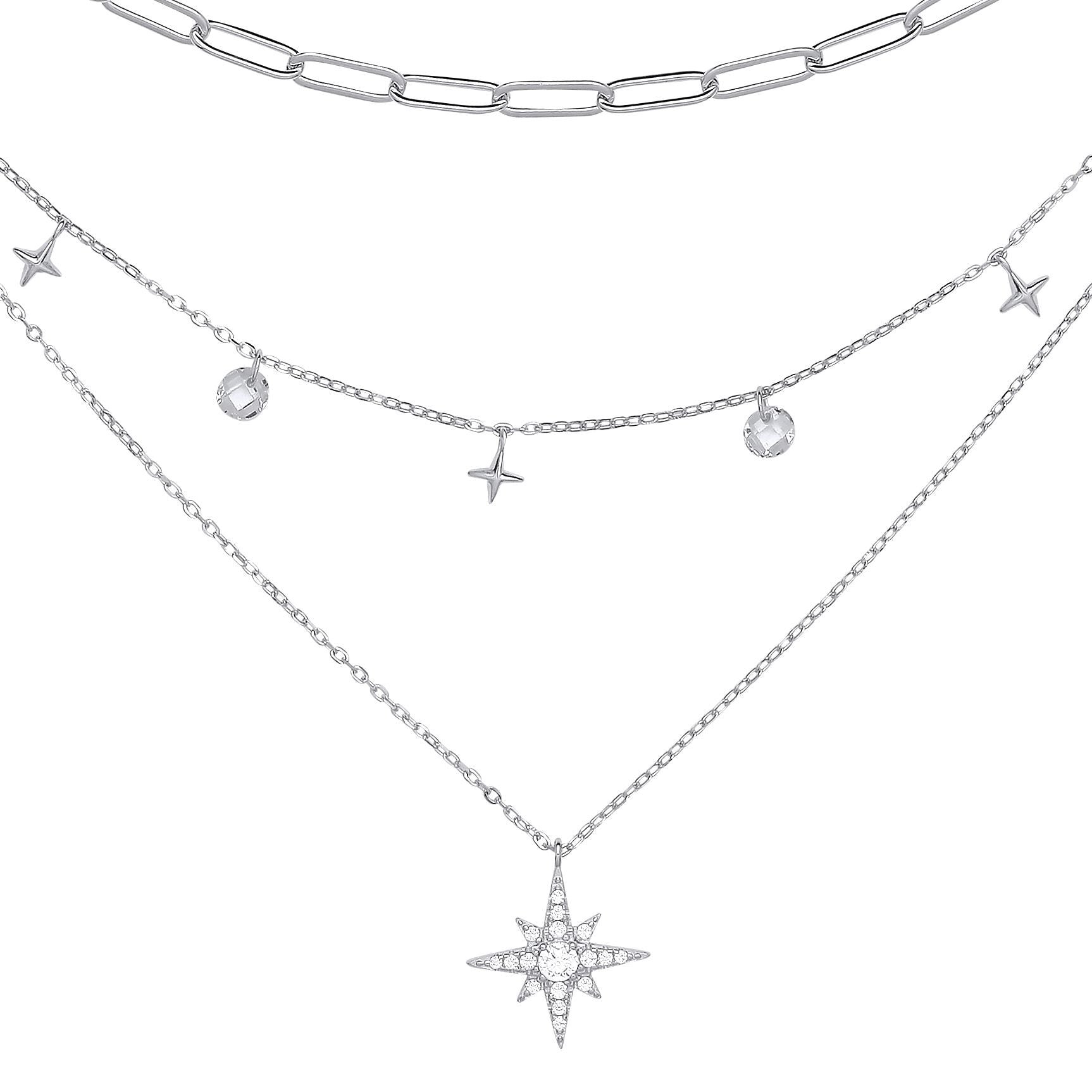 Silver  CZ Floating Star Charms Layered Paperclip Necklace 19" - GVK373