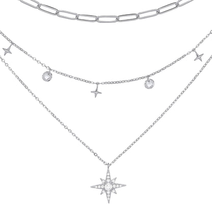 Silver  CZ Floating Star Charms Layered Paperclip Necklace 19" - GVK373