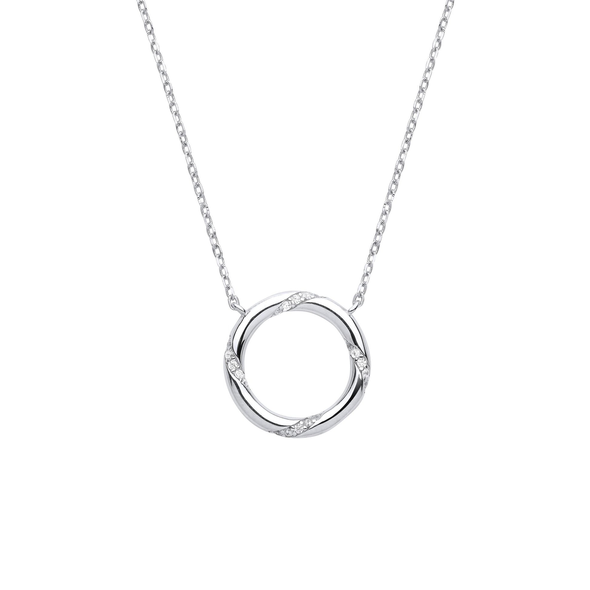 Silver  CZ Twisting Meander Circle Lavalier Necklace 18 + 2 inch - GVK374