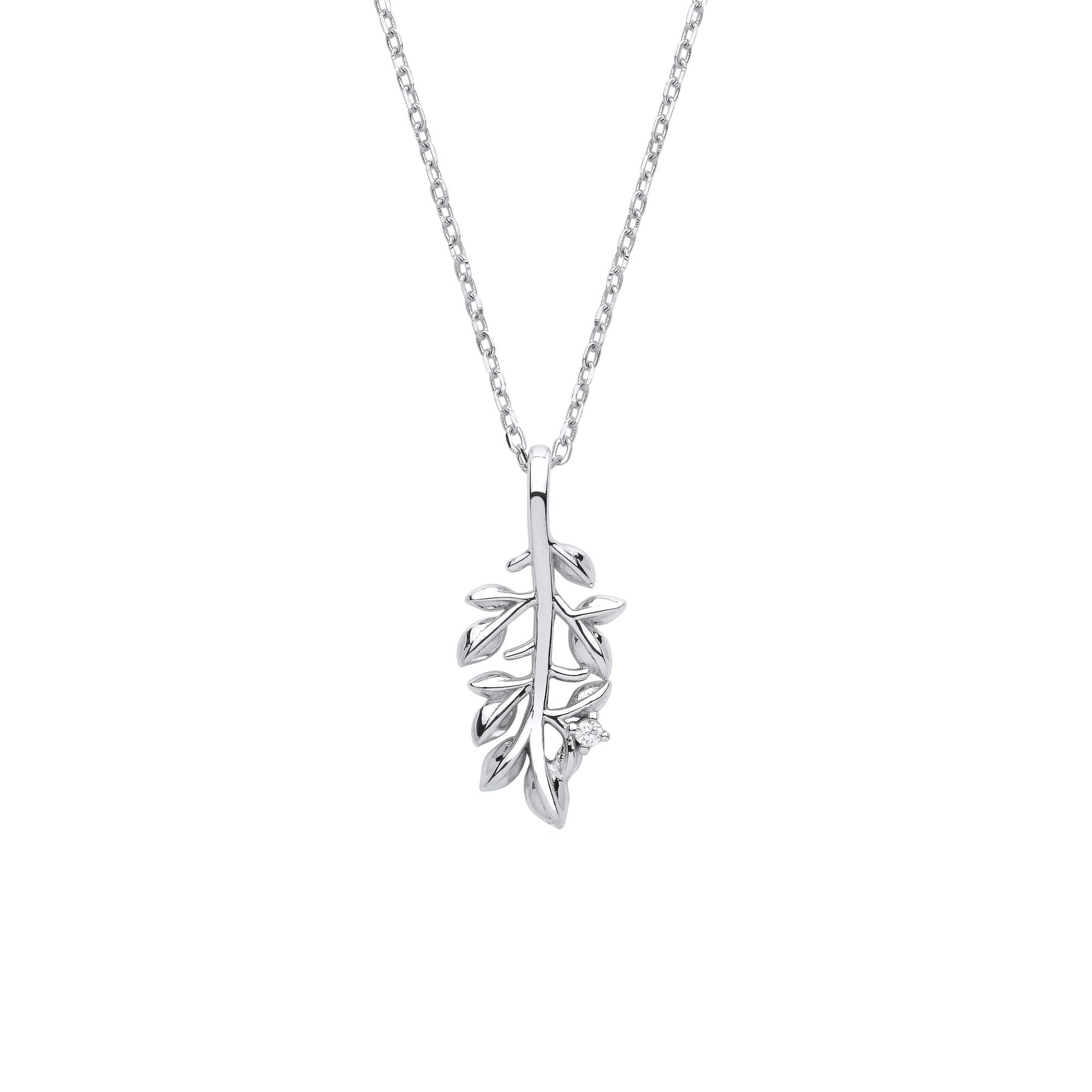 Sterling Silver  CZ Olive Leaf Branch Pendant Necklace 18 + 2 inch - GVK375