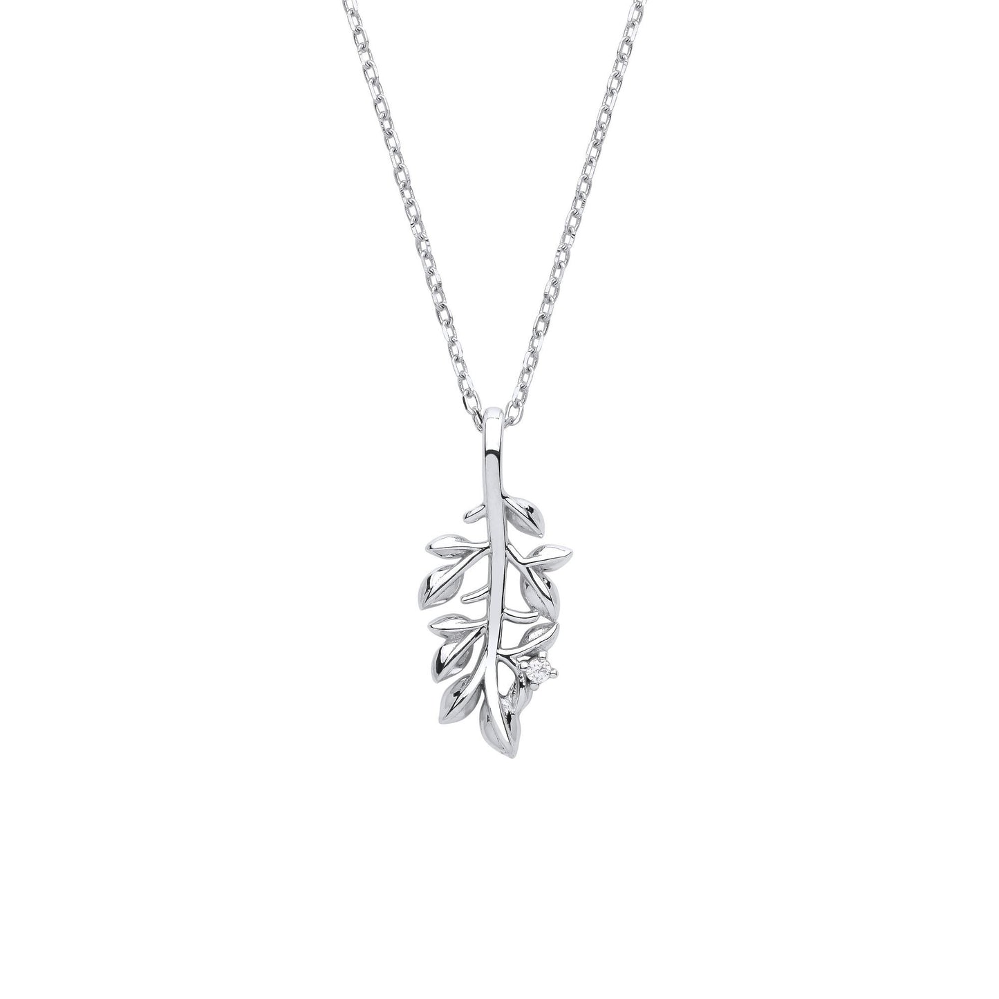 Sterling Silver  CZ Olive Leaf Branch Pendant Necklace 18 + 2 inch - GVK375