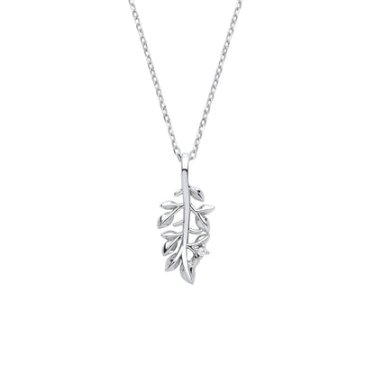 Sterling Silver  CZ Olive Leaf Branch Pendant Necklace 18 + 2 inch - GVK375