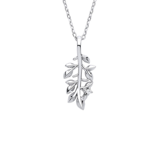 Sterling Silver  CZ Olive Leaf Branch Pendant Necklace 18 + 2 inch - GVK375