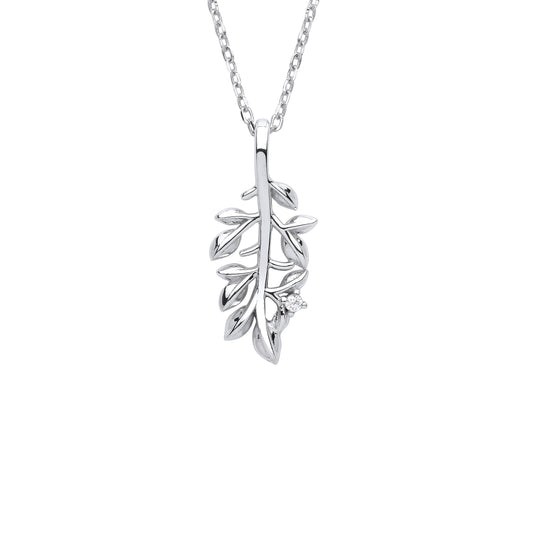 Sterling Silver  CZ Olive Leaf Branch Pendant Necklace 18 + 2 inch - GVK375