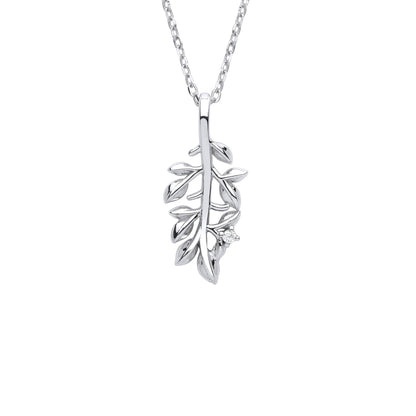 Sterling Silver  CZ Olive Leaf Branch Pendant Necklace 18 + 2 inch - GVK375