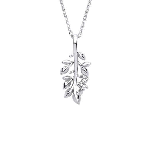 Sterling Silver  CZ Olive Leaf Branch Pendant Necklace 18 + 2 inch - GVK375
