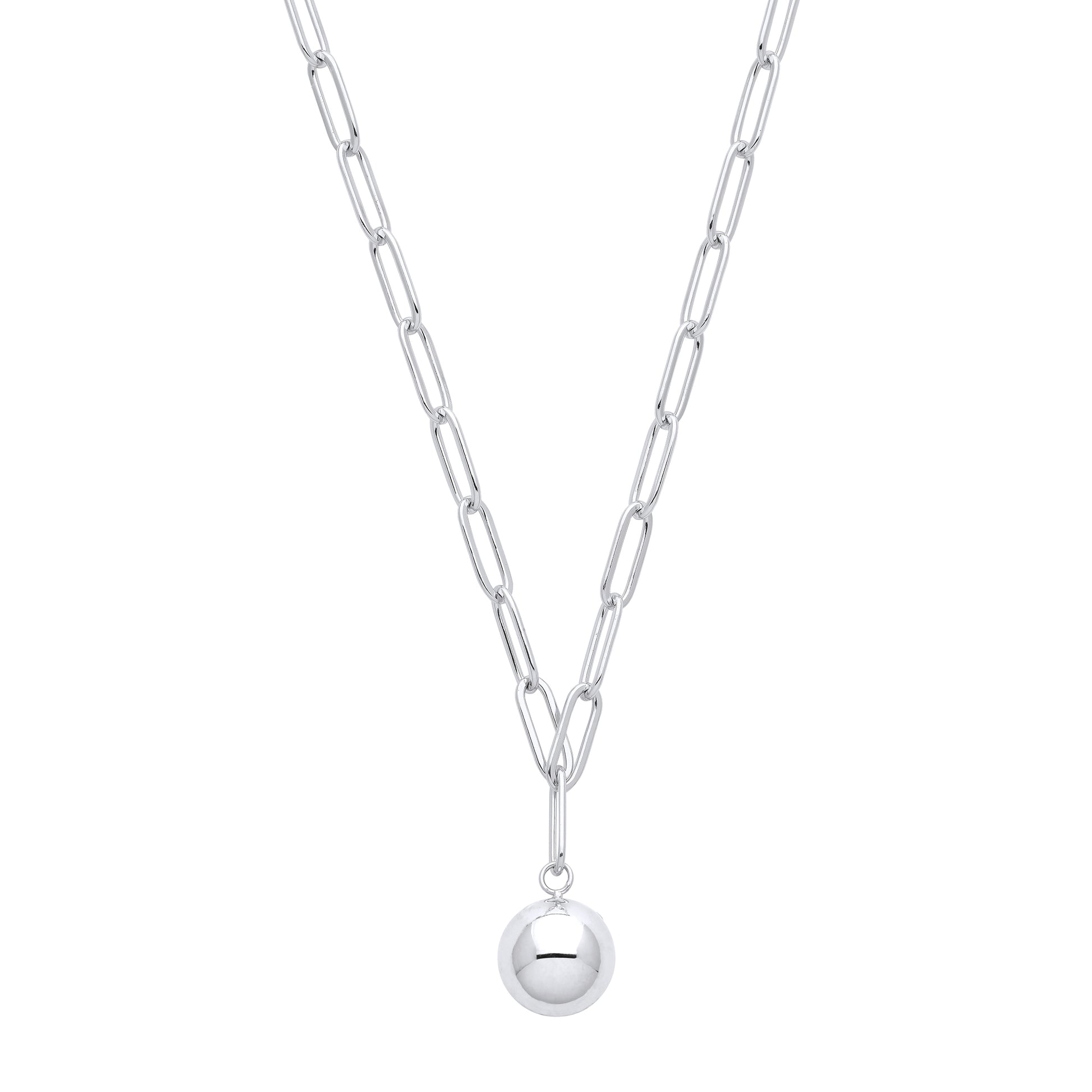 Silver  Flat Paperclip Round Ball Pendant Necklace - GVK378
