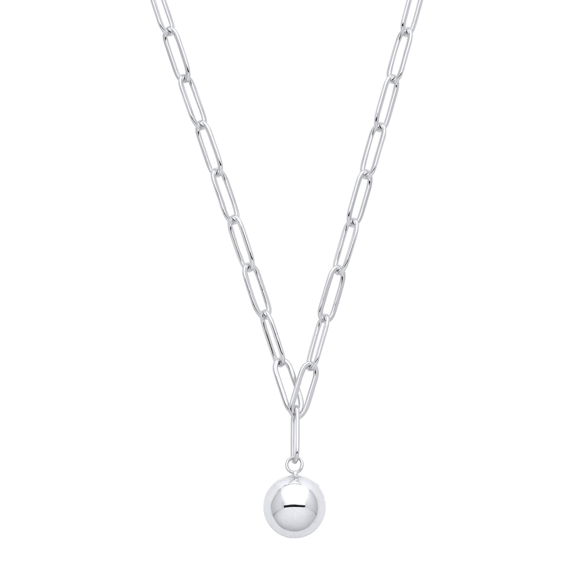 Silver  Flat Paperclip Round Ball Pendant Necklace 9mm 18 + 2 inch - GVK378