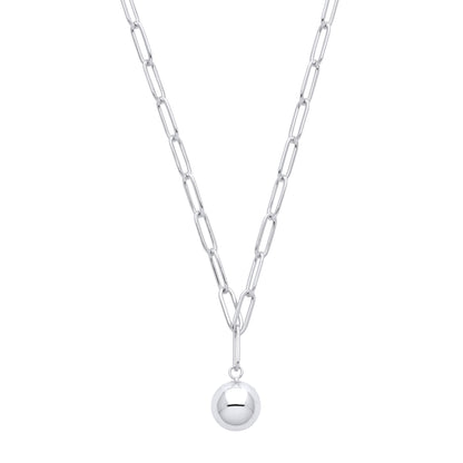 Silver  Flat Paperclip Round Ball Pendant Necklace - GVK378