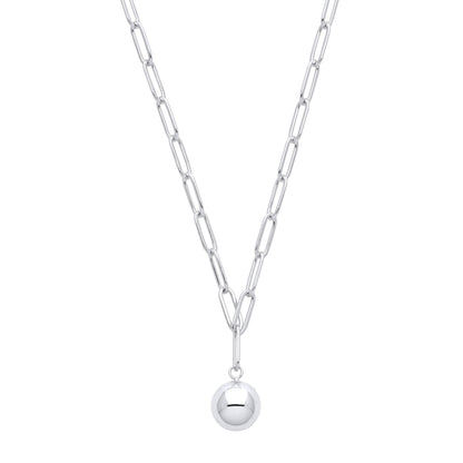 Silver  Flat Paperclip Round Ball Pendant Necklace 9mm 18 + 2 inch - GVK378