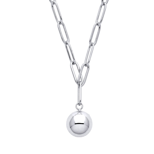 Silver  Flat Paperclip Round Ball Pendant Necklace 9mm 18 + 2 inch - GVK378