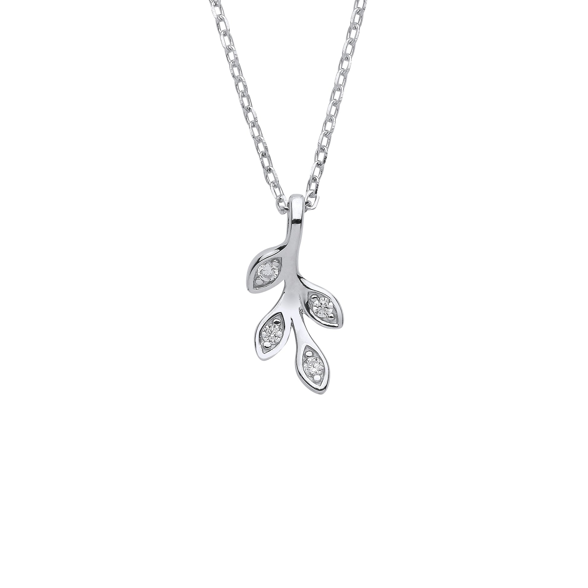 Sterling Silver  CZ Olive Leaf Branch Pendant Necklace 18 + 2 inch - GVK380