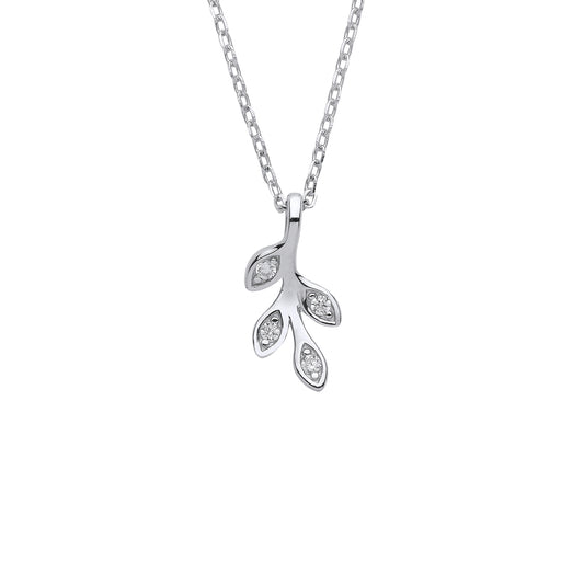 Sterling Silver  CZ Olive Leaf Branch Pendant Necklace 18 + 2 inch - GVK380