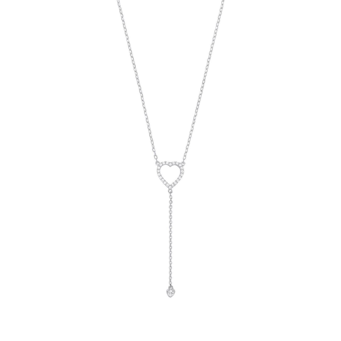 925 Silver  CZ Lil n Large Love Hearts Lariat Necklace 16 + 2 inch - GVK389