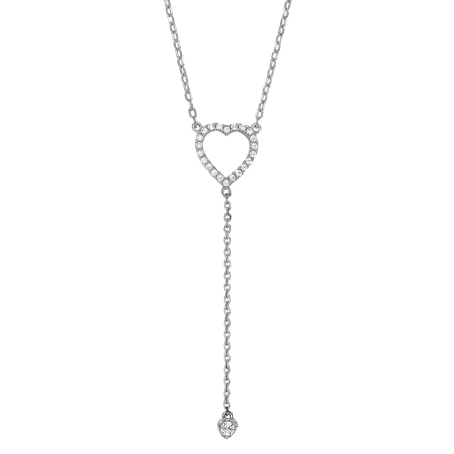 925 Silver  CZ Lil n Large Love Hearts Lariat Necklace 16 + 2 inch - GVK389