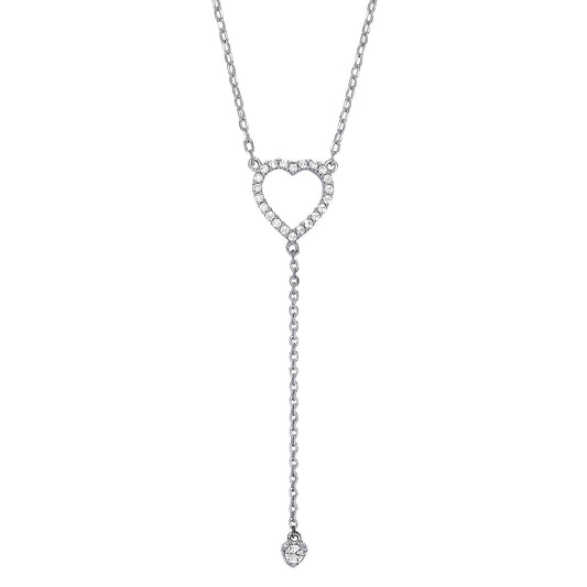 925 Silver  CZ Lil n Large Love Hearts Lariat Necklace 16 + 2 inch - GVK389