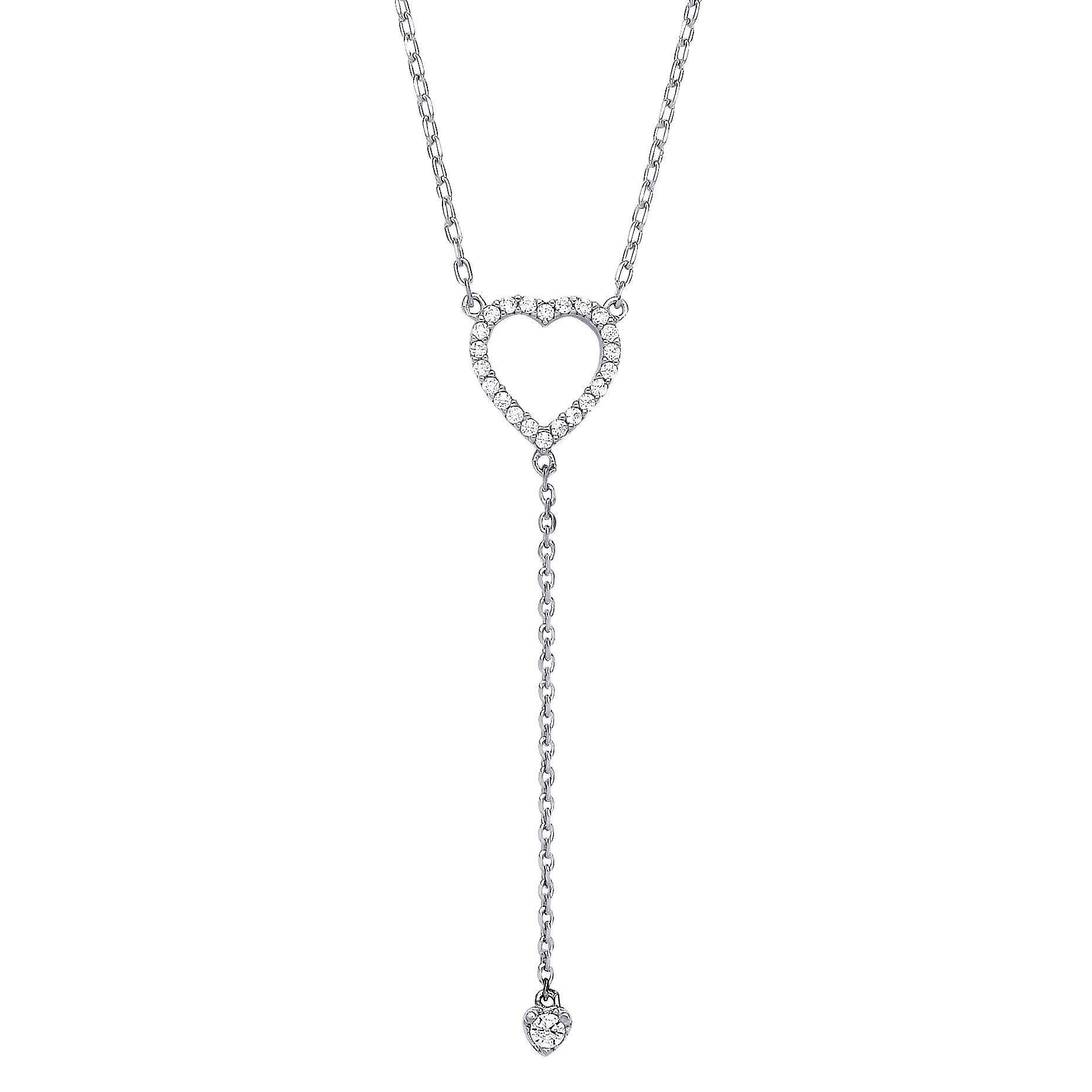 925 Silver  CZ Lil n Large Love Hearts Lariat Necklace 16 + 2 inch - GVK389