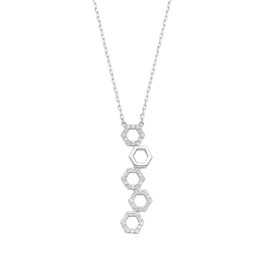 Silver  CZ SheshBesh 5 Hexagon Honeycombs Lavalier Necklace 16-18" - GVK391