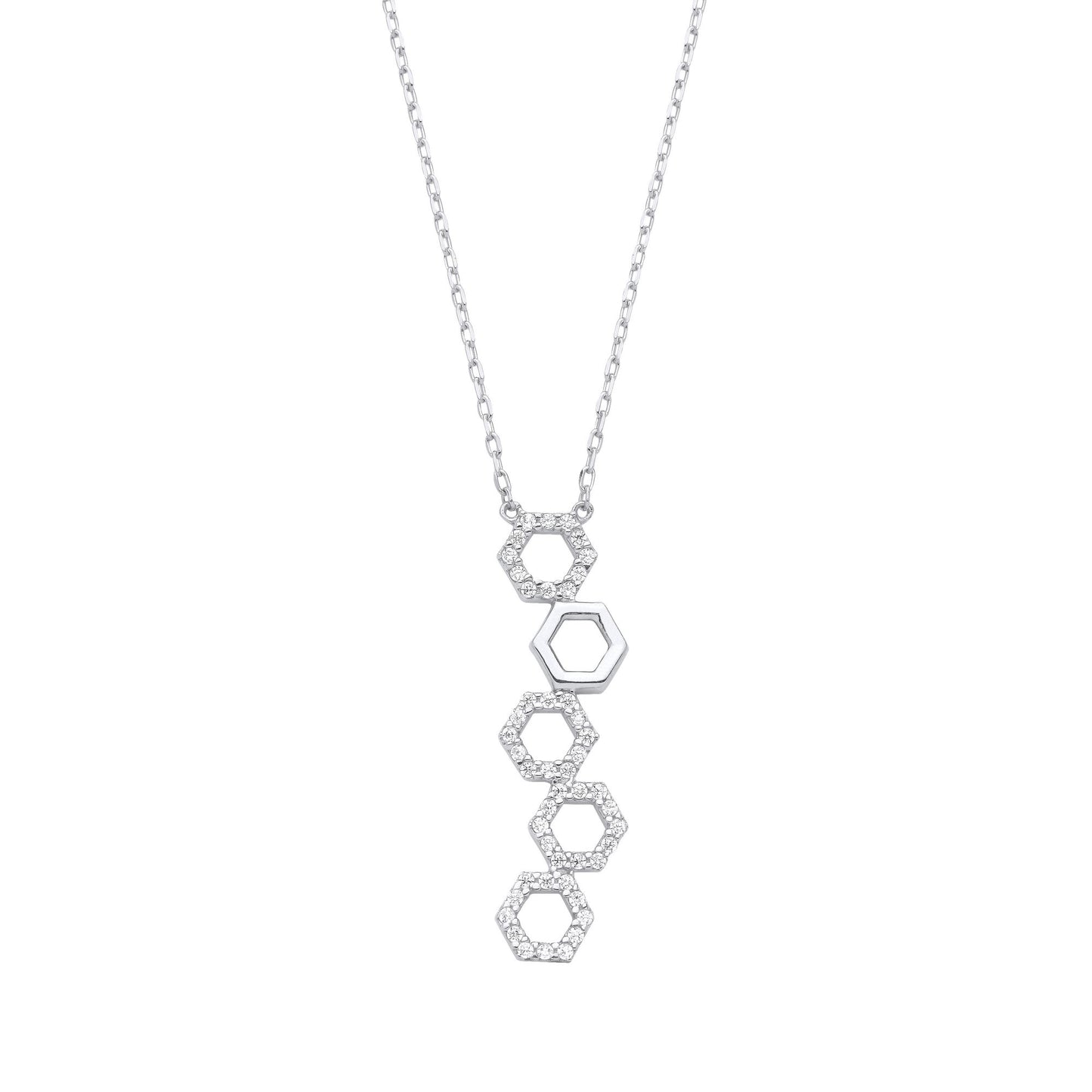 Silver  CZ SheshBesh 5 Hexagon Honeycombs Lavalier Necklace 16-18" - GVK391