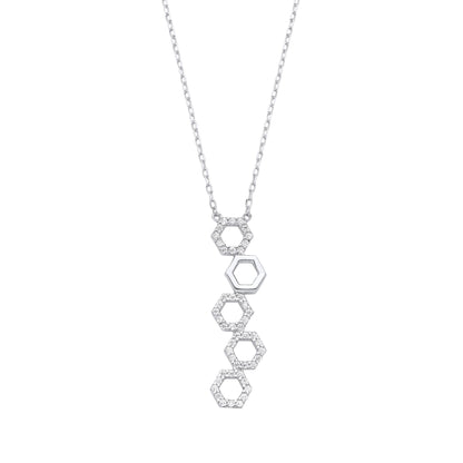 Silver  CZ SheshBesh 5 Hexagon Honeycombs Lavalier Necklace 16-18" - GVK391