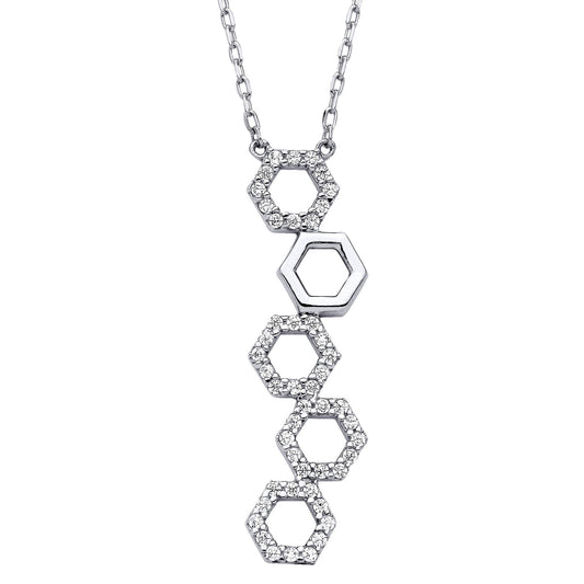 Silver CZ SheshBesh 5 Hexagon Honeycombs Lavalier Necklace 16-18" - GVK391