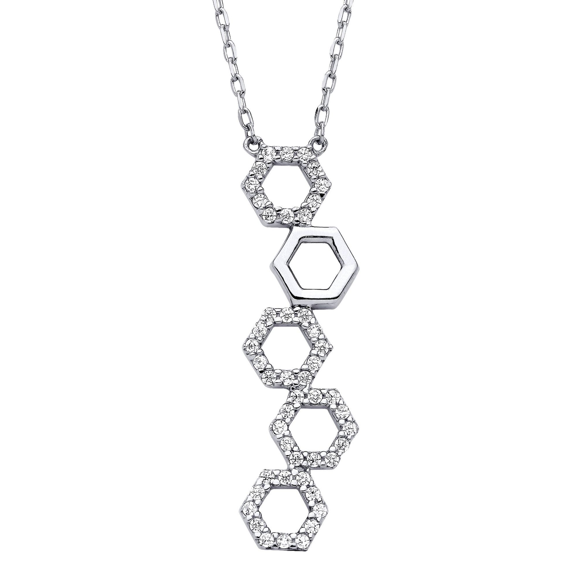 Silver  CZ SheshBesh 5 Hexagon Honeycombs Lavalier Necklace 16-18" - GVK391