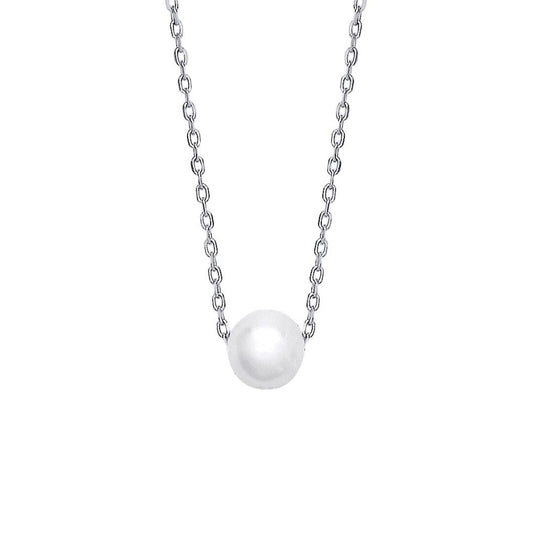 Silver Cream Pearl Solo Orbit Full Moon Lavalier Necklace 15 + 1" - GVK392