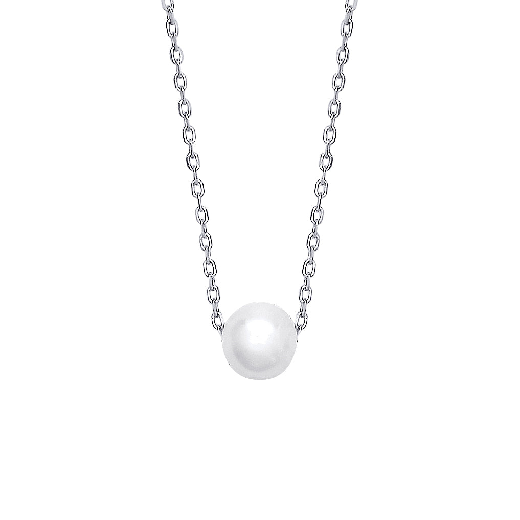 Silver  Cream Pearl Solo Orbit Full Moon Lavalier Necklace 15 + 1" - GVK392