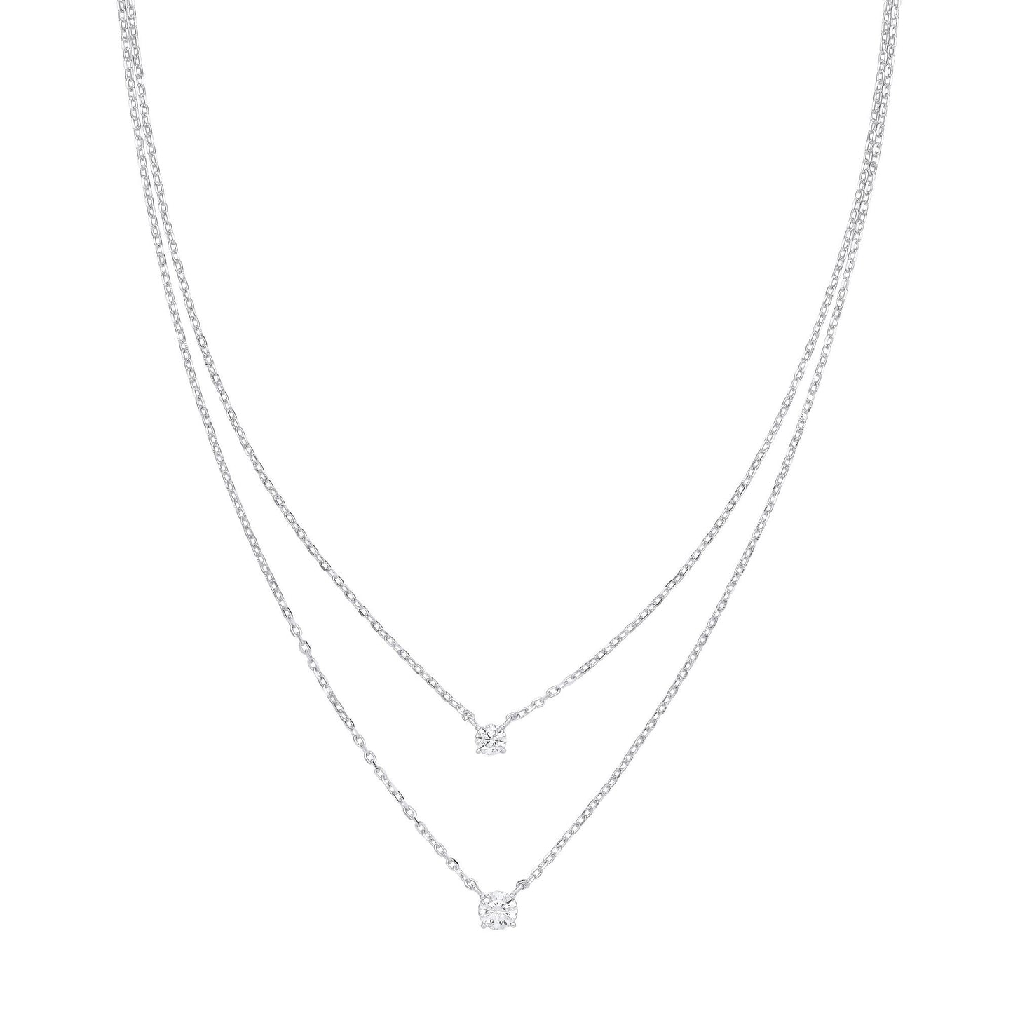 Silver  CZ Lil n Large Solitaire Layered Necklace 14 + 2 inch - GVK394