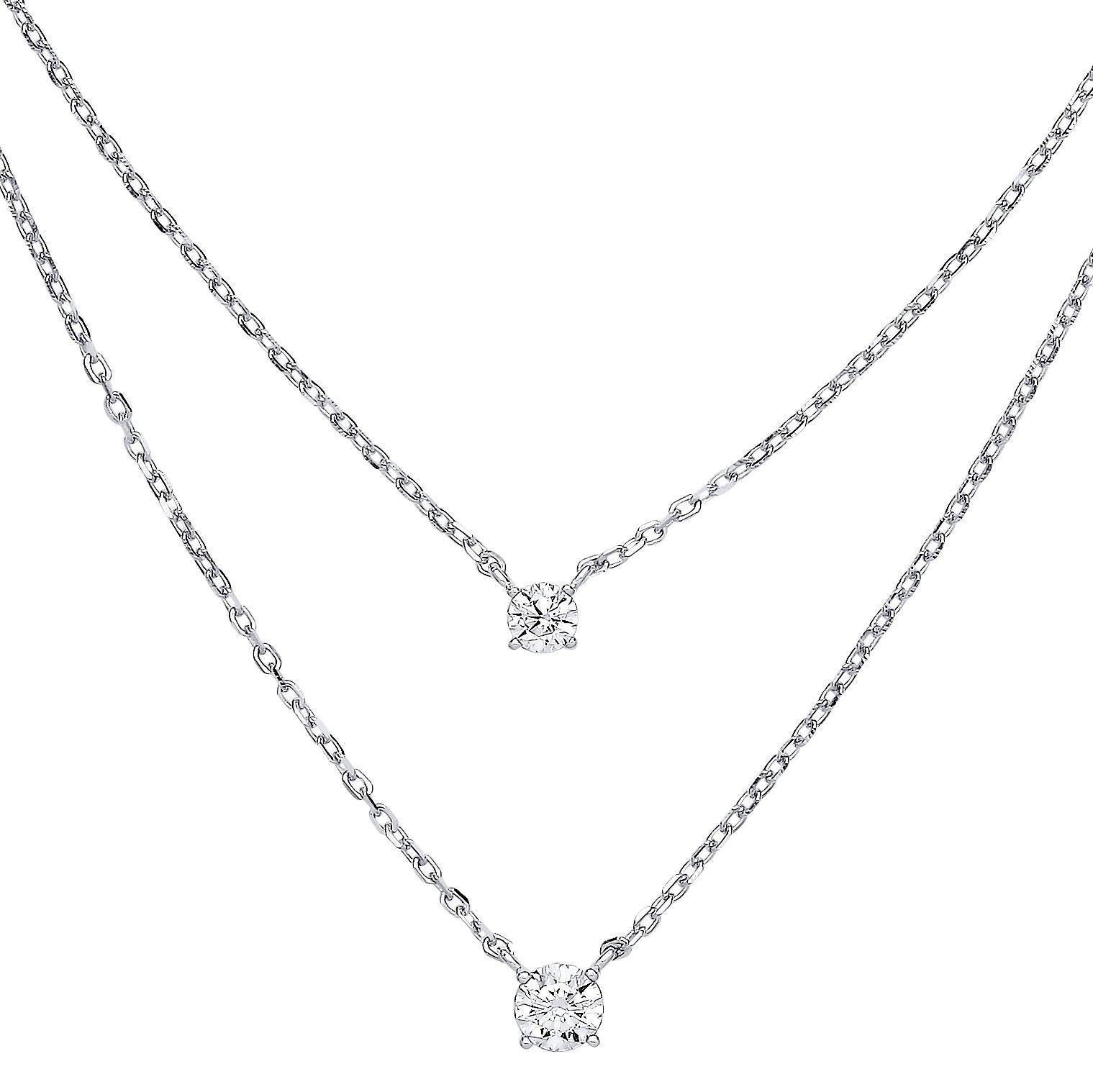 Silver  CZ Lil n Large Solitaire Layered Necklace 14 + 2 inch - GVK394