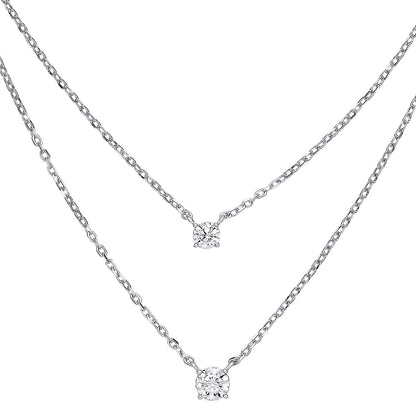 Silver  CZ Lil n Large Solitaire Layered Necklace 14 + 2 inch - GVK394