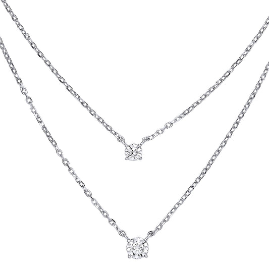 Silver  CZ Lil n Large Solitaire Multi-strand Necklace 14 + 2 inch - GVK394