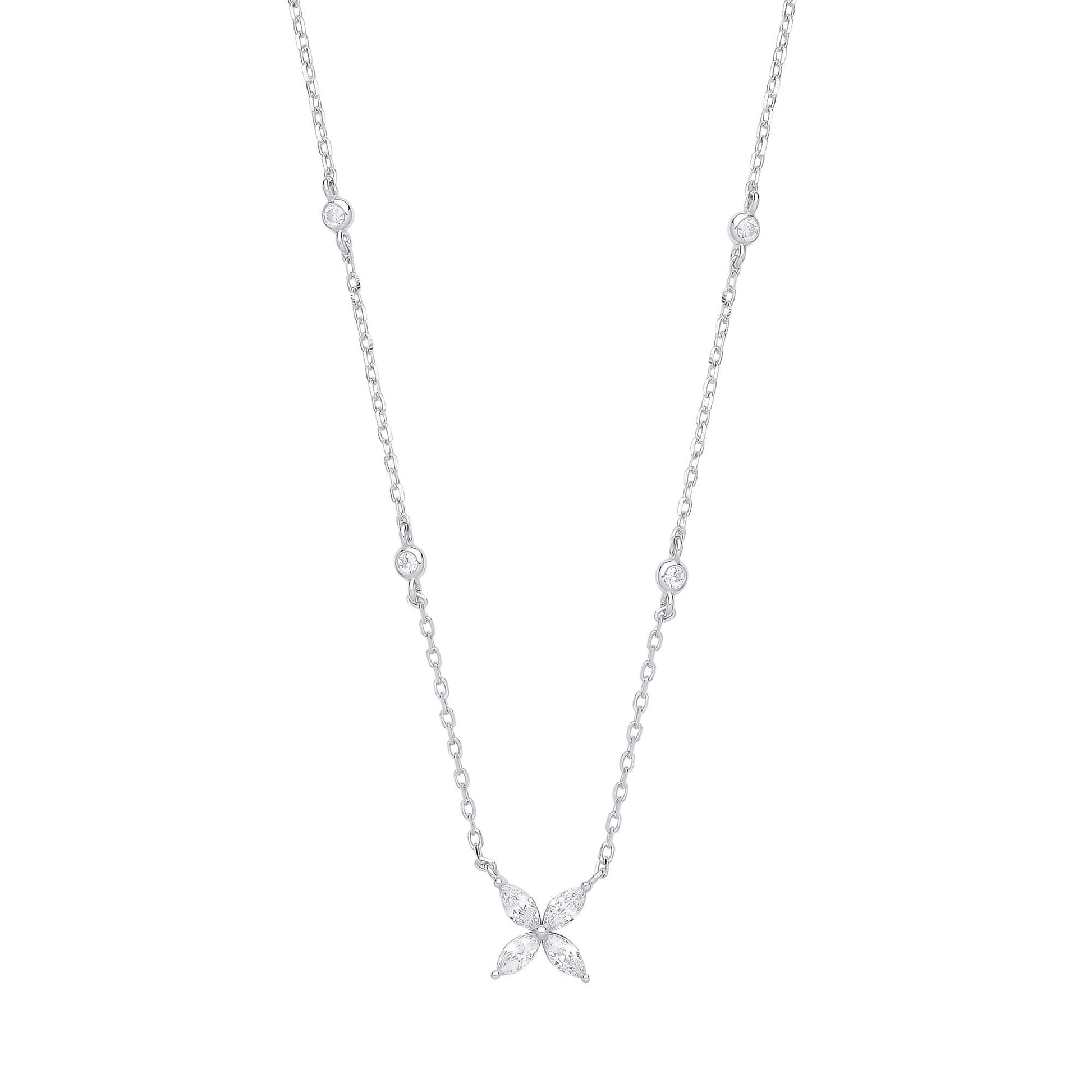 Silver  Marquise CZ Flower Butterfly By The" Lavalier Necklace 18" - GVK395