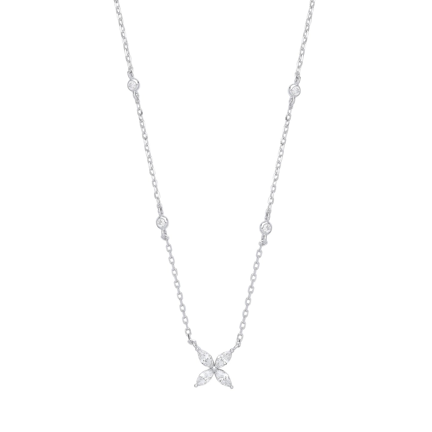 Silver  Marquise CZ Flower Butterfly By The" Lavalier Necklace 18" - GVK395