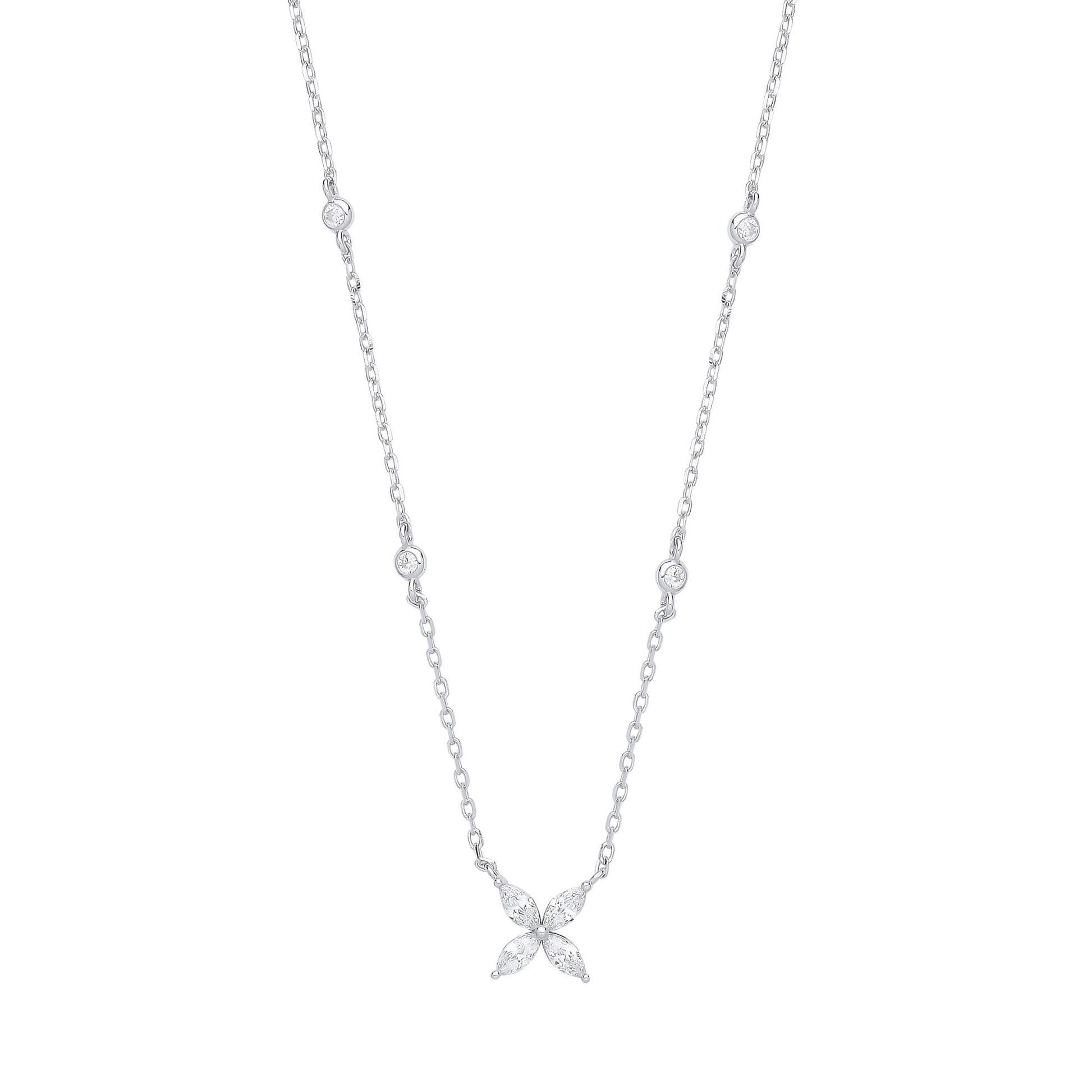 Silver  Marquise CZ Flower Butterfly By The" Lavalier Necklace 18" - GVK395