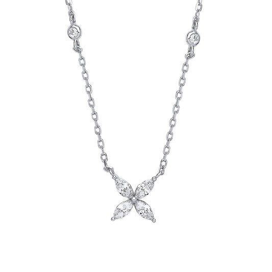 Silver Marquise CZ Flower Butterfly By The" Lavalier Necklace 18" - GVK395